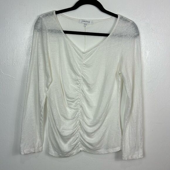 Frame White Linen Shirred Long Sleeve Ruched Front T-Shirt Size M - Picture 2 of 10